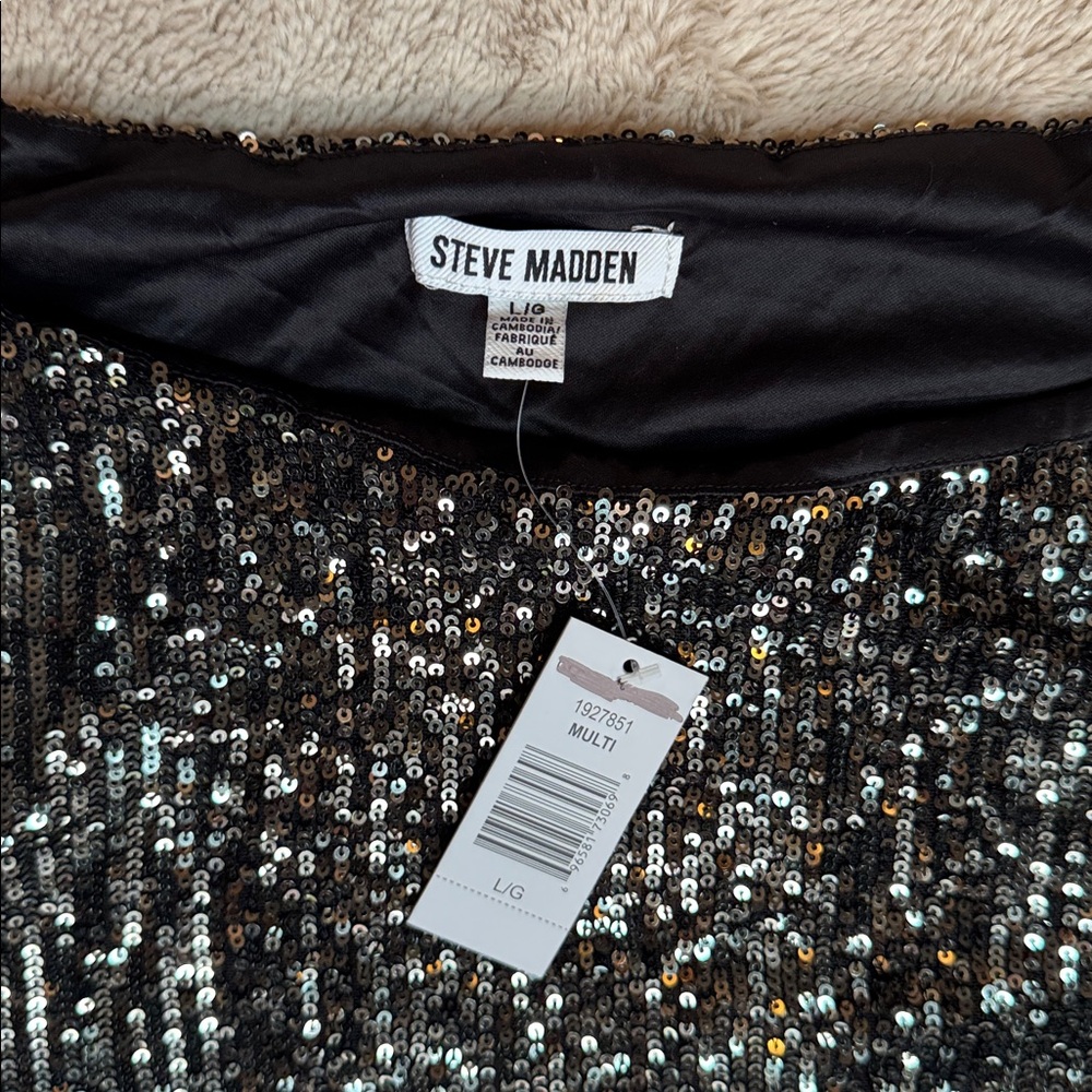 NWT Steve Madden Glittering Black Silver Sequin Shiny Long Sleeve Dress sz L - Picture 3 of 10